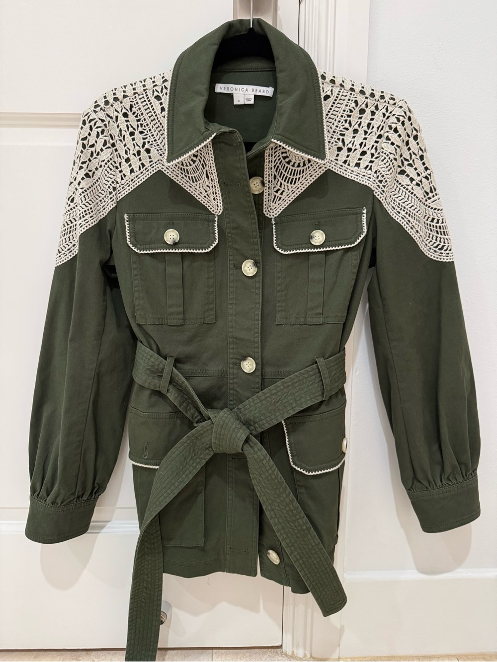 Veronica Beard Olive Utility Jacket with Cream Crochet Yoke